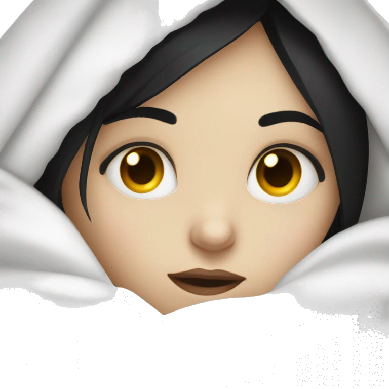 Pale Girl with black hair  laying down cozy in a white blanket emoji