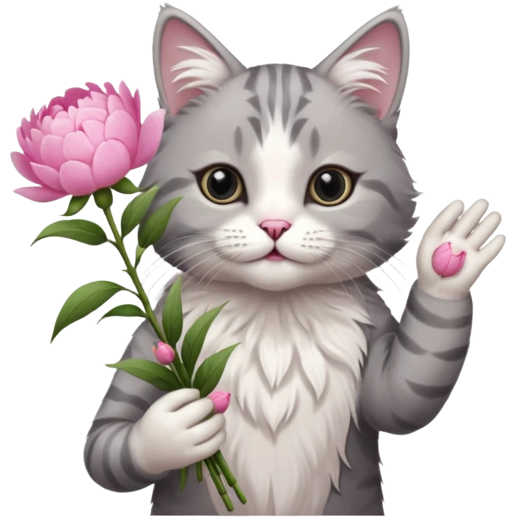 Cute cat Handing pink peonies like reaching a hand and handing them out a bouquet of them not a physical hand the cats hand  make the cat fluffy and grey and white fluffier emoji