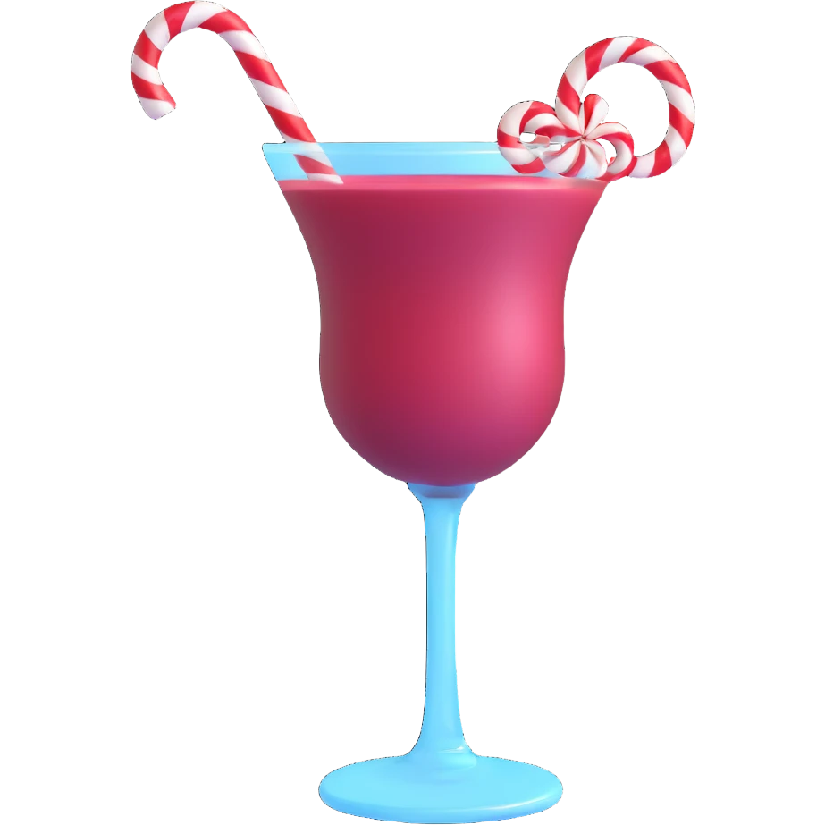 3D emoji style cocktail glass with burgundy drink and a candy cane emoji