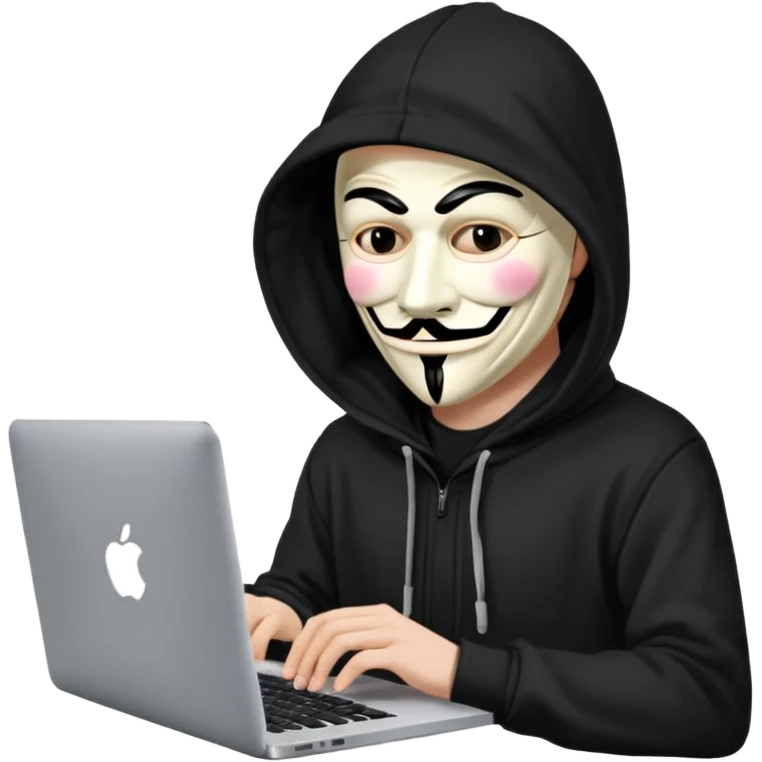 guy fawkes mask black hoodie typing on macbook emoji