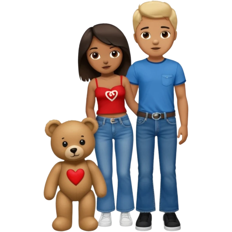 A boy and a girl teddy bear for the boy bear put on true religion shirt and jeans with black shoes and for the girl put flare jeans and a red tube top and white shoes just bears not the humans  emoji