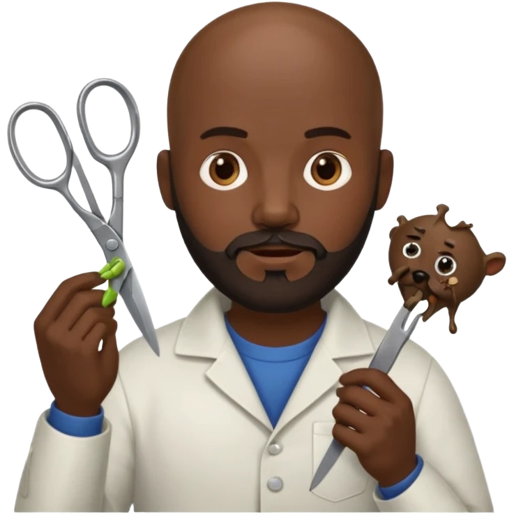 A bald man with a dark brown beard cutting someone’s hair at a barber shop and the other one is eating a poop emoji