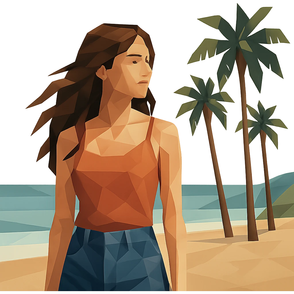 low-poly polygonal style young woman at Malibu beach with palm trees emoji