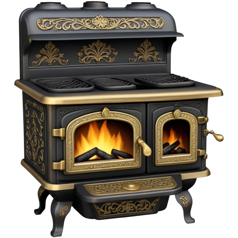 An antique cast iron coal stove from the 1900s with ornate details, small fire visible inside, black metal with brass accents emoji
