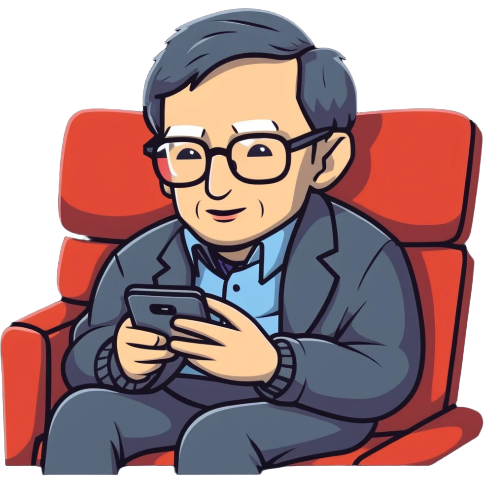 Stephen Hawking with glasses sitting on a couch playing a mobile phone game emoji