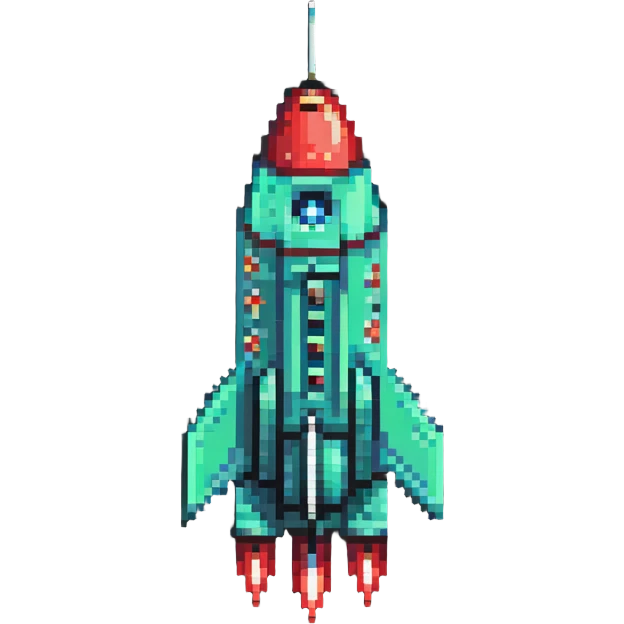 diagonal rocket flying to upper right, green body transitioning to red at the fins, pixel art style emoji