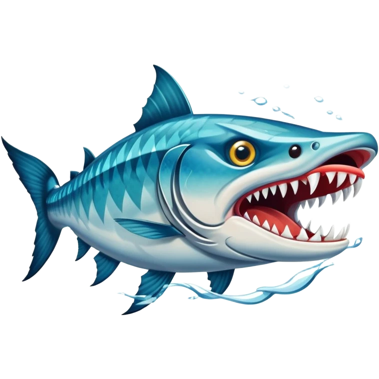 An angry barracuda swims swiftly through the water, its sharp teeth bared and ready for action emoji