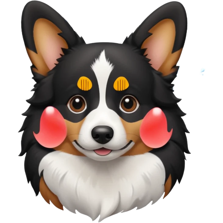 black tricolor corgi with no tail and a snowflake on it's nose emoji