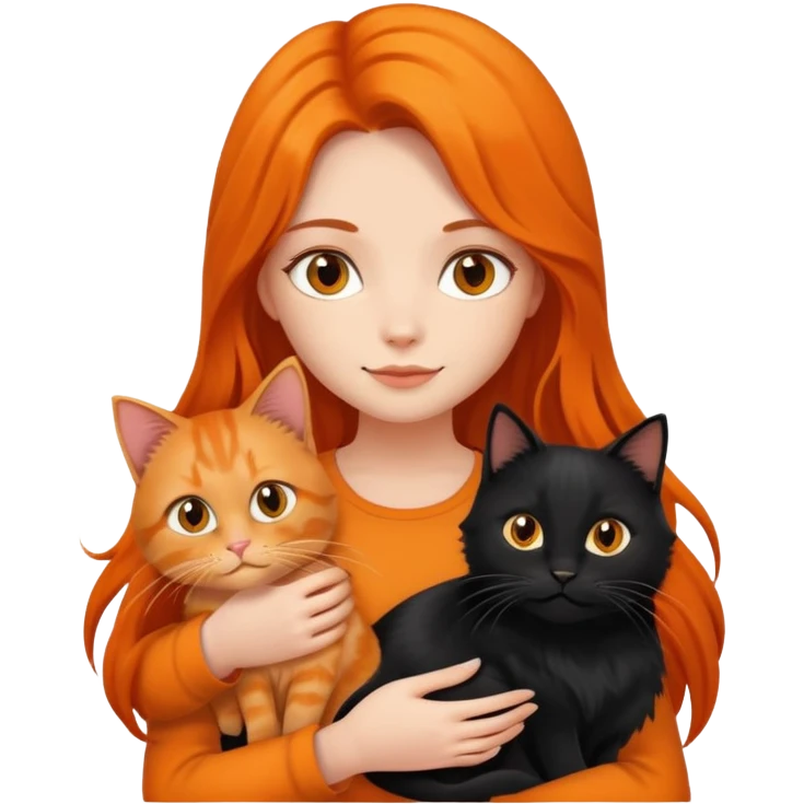 A long-haired girl holding a black cat and an orange long haired cat emoji