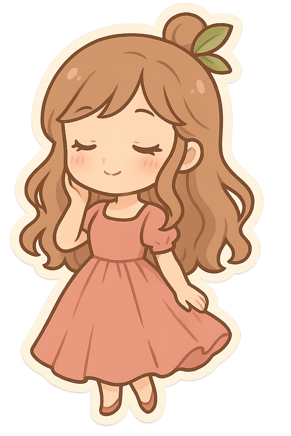 A cute and minimalist sticker of a girl with a pink dress, elegant and girly mood, color palette includes pink, beige, and green. emoji