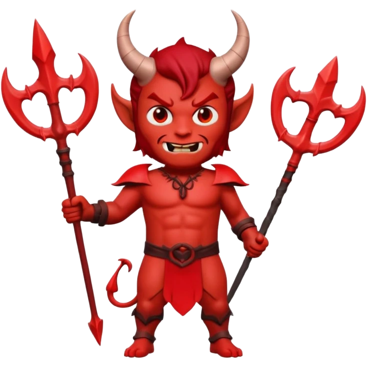 Full body shot 3D Memoji male devil, holding a three-pronged trident. Red skin, small horns, scary pose, solid background. emoji