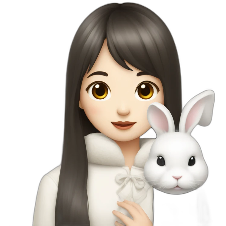 korean girl with long hair bangs holding white rabbit emoji