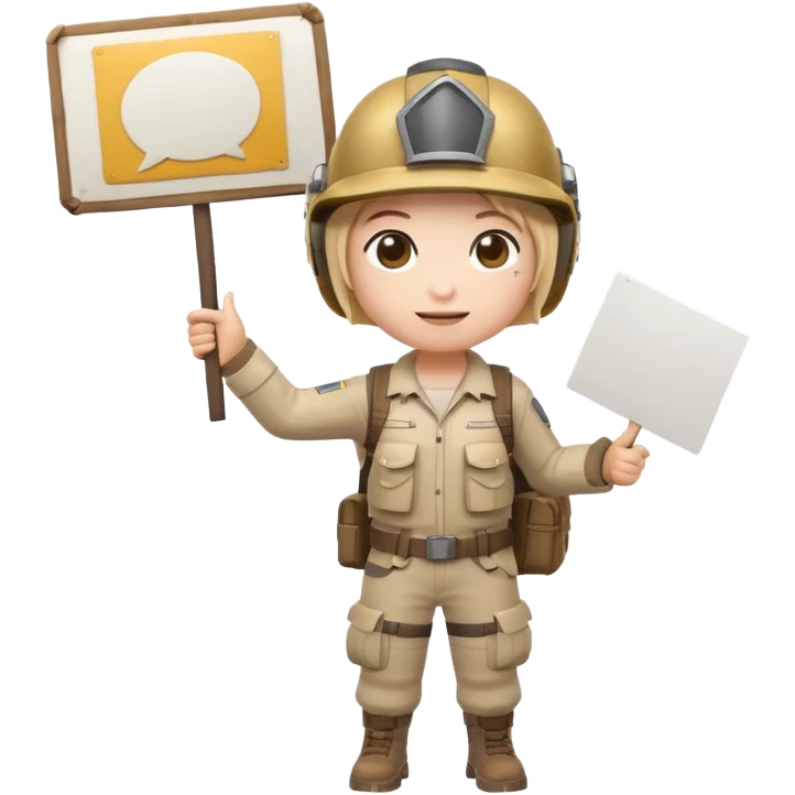 Create a cute emoji-style PUBG Mobile character, chibi version with helmet and backpack, standing in victory pose, holding a blank white sign or paper sheet in both hands in front of chest, ready for text, clean white background, simple emoji design” emoji