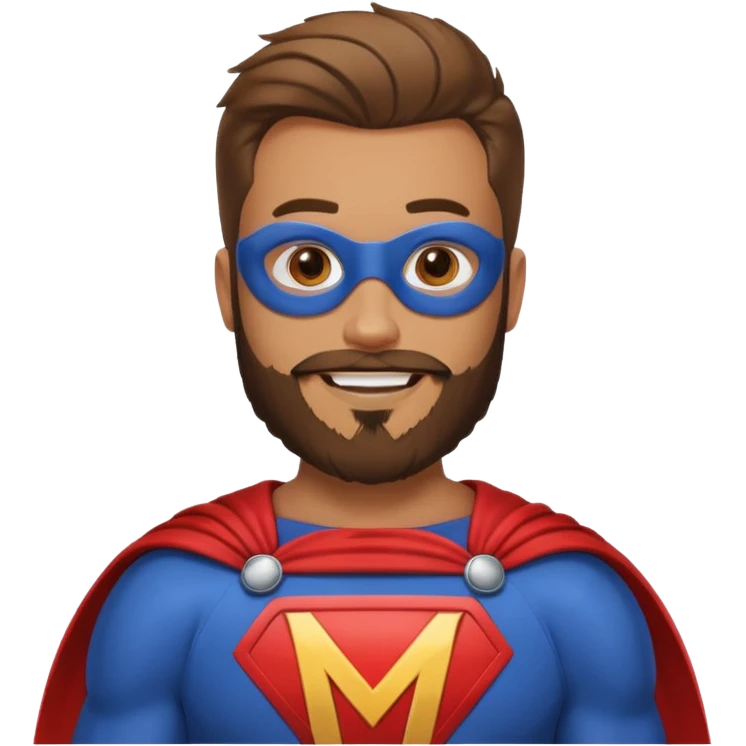бородатый мужчина в костюме супер героя с буквой М  на груди без маски веселится  emoji