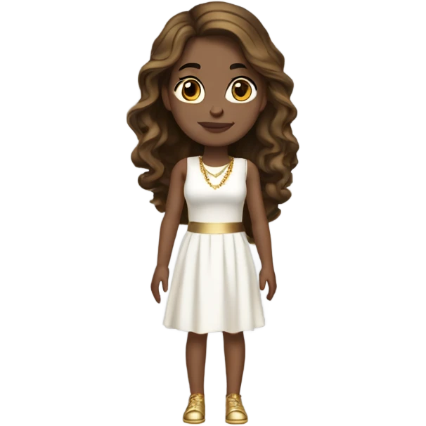 do a white girl but not too white with dark honey hair dark eyes and gold jewelry, full body legs arms and a white dress emoji