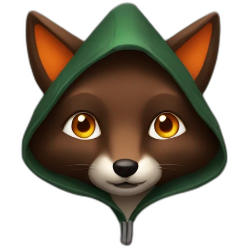 a small dark brown fox with orange eyes with a dark green hood that smile emoji