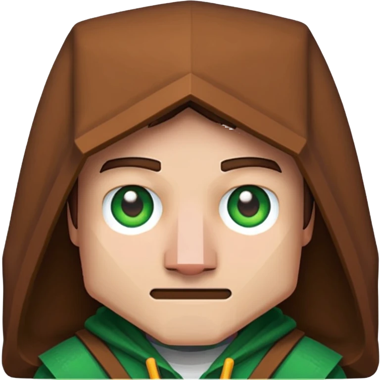 Pixel art 2D emoji of a Minecraft villager face, with brown hood, big nose, green eyes, and blocky edges in Minecraft style emoji