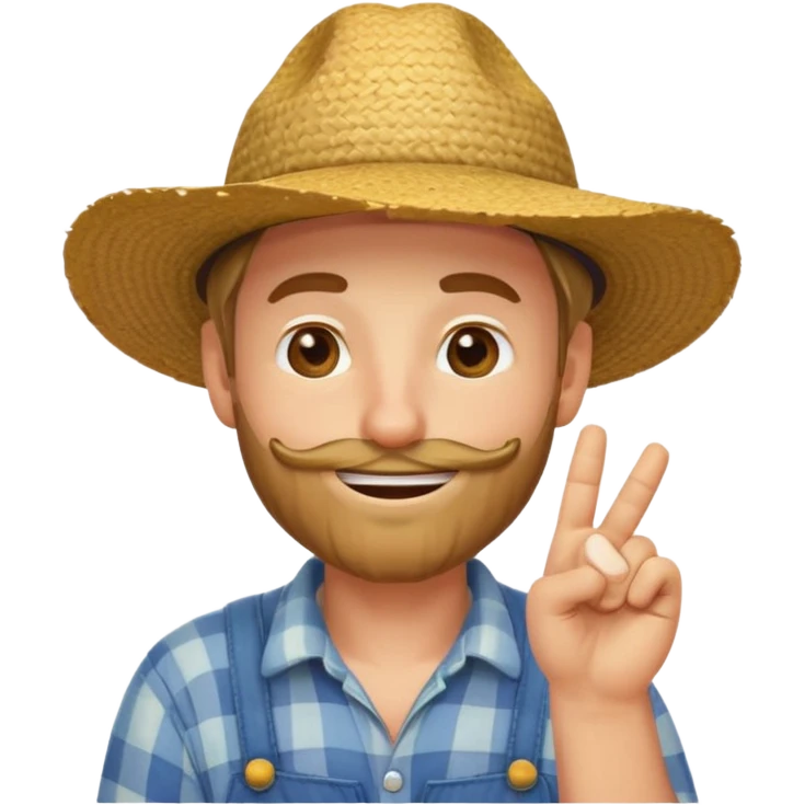 “A single emoji-style character combining 👨‍🌾😄 and 🤔: a smiling farmer man with a straw hat, friendly face, and light beard, holding one hand under his chin in a thinking gesture. His index finger rests under his face, eyes looking slightly upward as if thinking.  emoji
