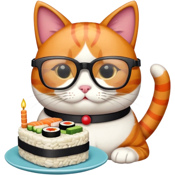 cat with cool square shaped glasses eating a birthday cake made out of sushi emoji