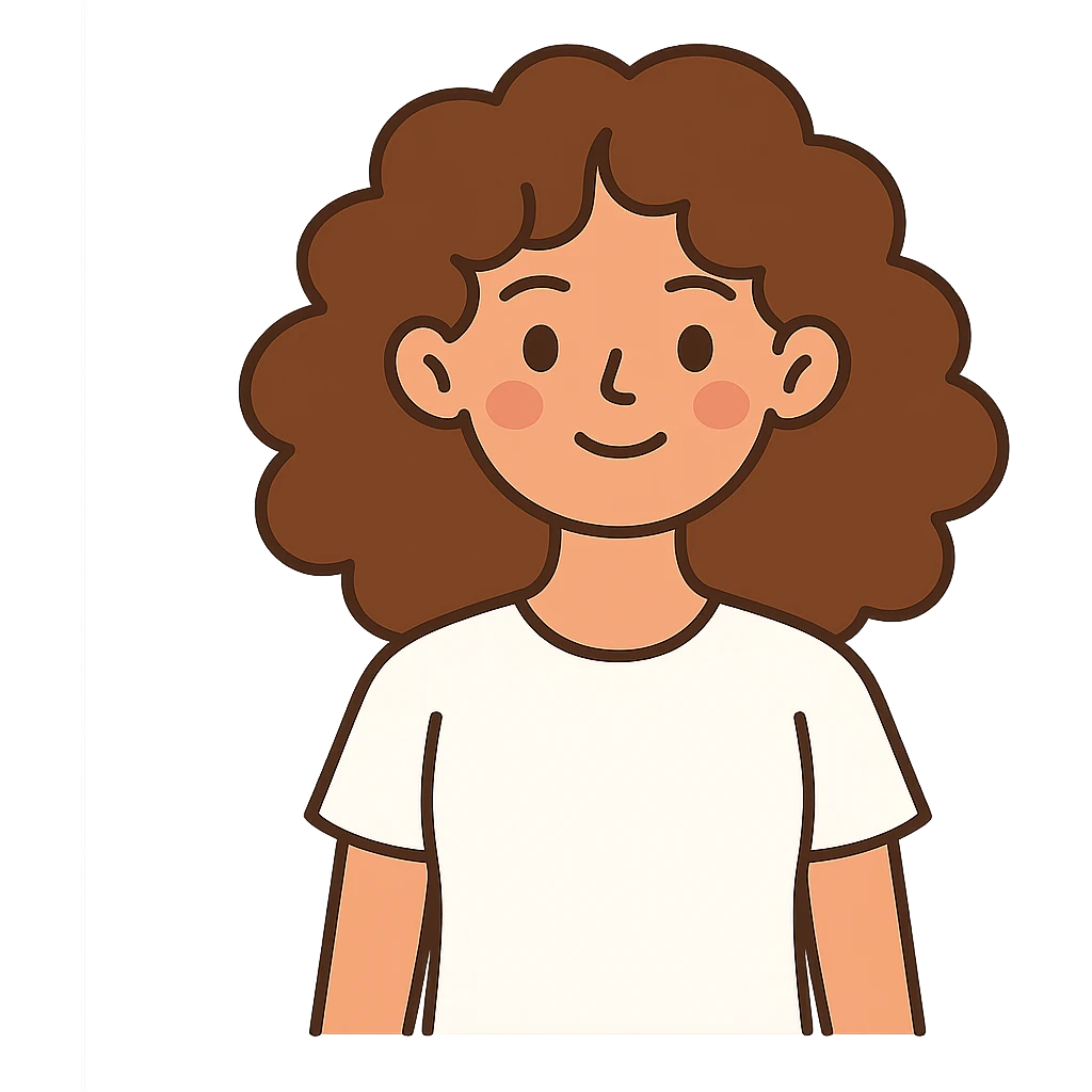 flat-toon style girl with curly chestnut hair wearing a white t-shirt, no background emoji