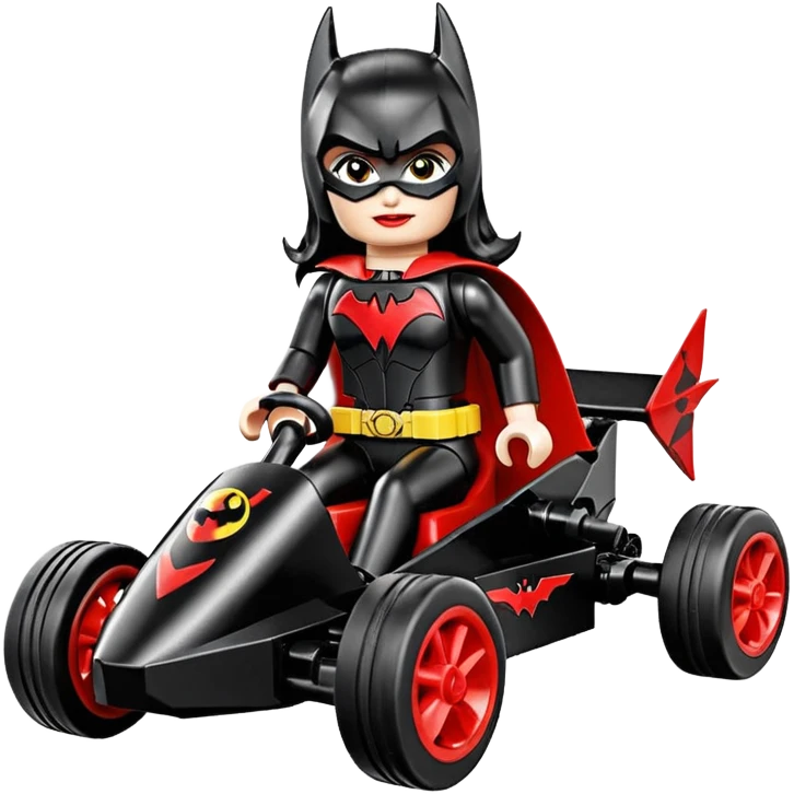 Hot full size real size-appearance electric road racing sexy BatWoman’s feminine midnight-colored tight outfit sixty’s tv show Lego dark stealthy sporty safe plush petite off-road pursuit cruiser car rose gold accents (black hair,reclined and relaxed torso and shoulders seating position) go kart  emoji