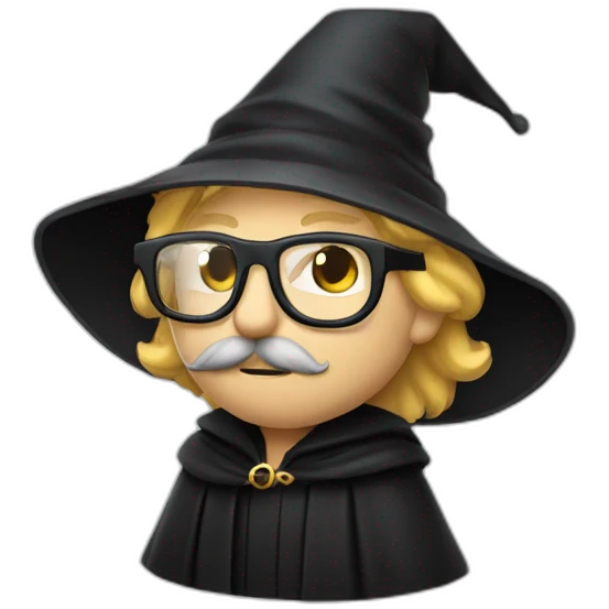 A man with blond hair and a mustache, wearing a black squared shaped eye glasses, wizard hat, black  robe emoji