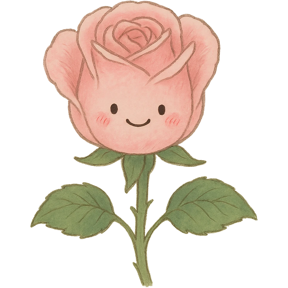 soft pink rose blossom, Japanese kawaii hand-drawn, full object, transparent background, with a gentle smile emoji