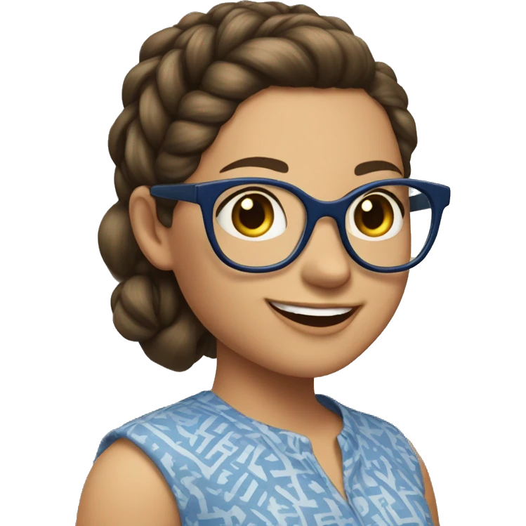 Girl with a short pony tail brown hair, large glasses, big smile, wearing a blue pattern blouse  emoji