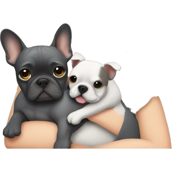 A blonde with a square hugs a gray French bulldog emoji