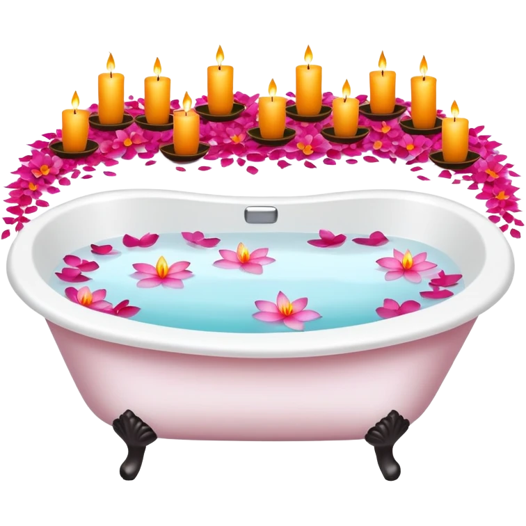 A white bathtub with warm water, with flower petals and scented candles, romantic lush warm colors emoji