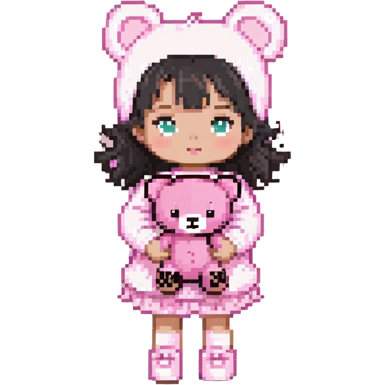 cute toddler girl with pastel pink clothes holding a pink teddy bear emoji
