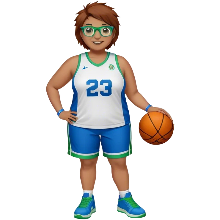 Full Body plus size white female basketball player with short medium brown hair with carmel highlights spikey hair wearing blue glasses 
 wide nose wearing blue green uniform  green sneakers smiling wearing silver hoop earrings emoji