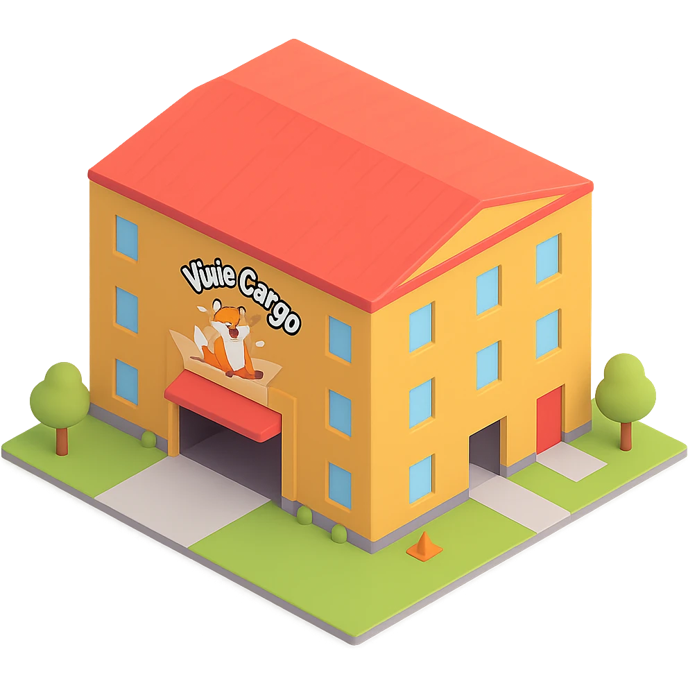 Add the Vixie Cargo company logo to the front of the parcel warehouse building emoji in the style of Microsoft 3D emojis, with no background. emoji