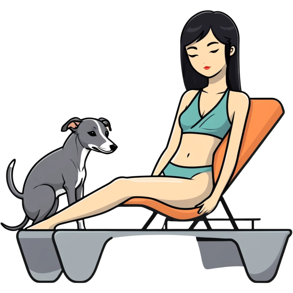 Very thin Chinese woman with long black hair relaxing on a spa lounger with exactly ONE whippet dog. EXTREME IMPORTANCE: the whippet must have a COMPLETELY GREY FACE with ABSOLUTELY NO WHITE MARKINGS anywhere on its face, muzzle, or nose. The entire dog must be ONE SOLID VERY DARK CHARCOAL GREY COLOR from nose to tail with NO WHITE or LIGHT AREAS anywhere - NO white on face, NO white on muzzle, NO white on chest, NO white on paws, NO white on tail - NOTHING BUT A SINGLE SHADE OF VERY DARK GREY throughout the entire animal emoji