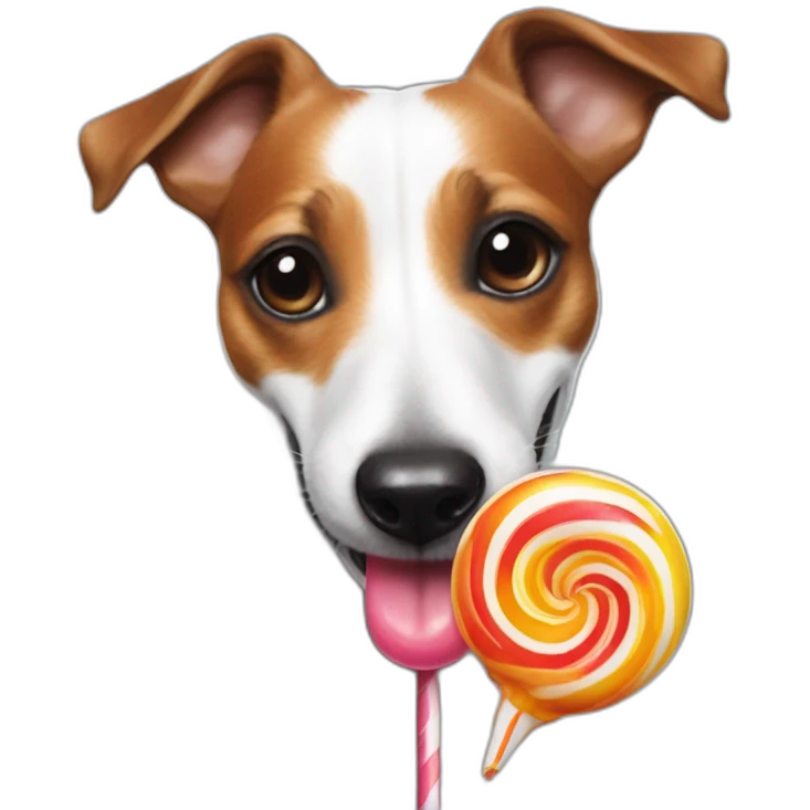 A jack russell licking a giant lolipop emoji