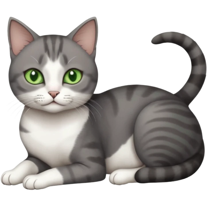 full body tiny short hair dark grey and white cat with white front legs and green  eyes lying down emoji