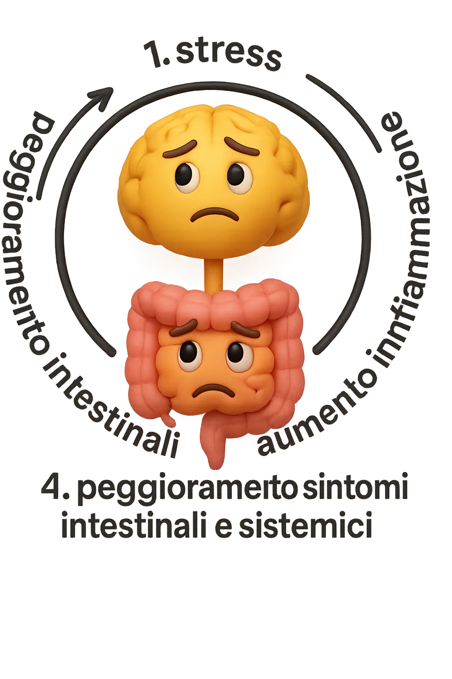 EMOJI STILE IPHONE 3D DI un cerchio con queste scritte che girano intorno in ordine per come li ho scritti "1. stress → 2. peggioramento intestinale → 3. aumento infiammazione → 4. peggioramento sintomi intestinali e sistemici." al centro del cerchio metti un cervello e intestino umani collegati verticalmente con espressione dubbiosa in volto, FALLO MOLTO REALISTICO IN 3D emoji