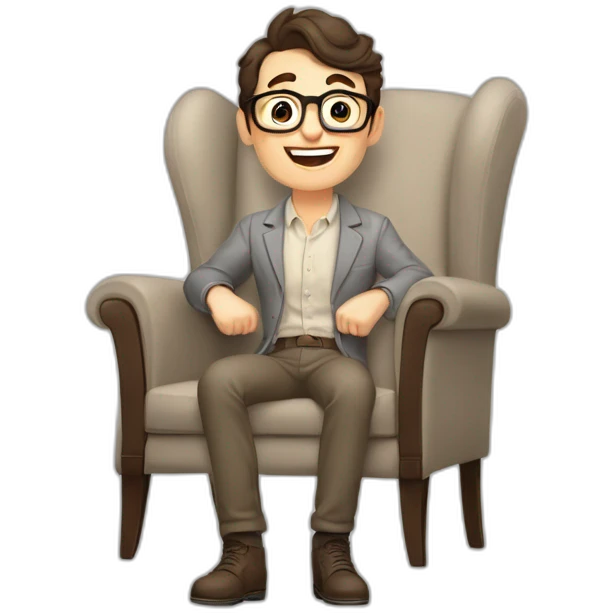 Joyful Celebrating victory Pale skinned Fit Man With dark brown hair in gray jacket, beige office shirt, Brown pants and vintage glasses sitting In a soft chair emoji
