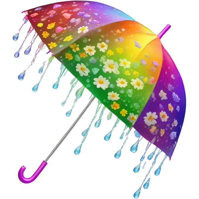 Rainbow umbrella made of flowers with dew drops dripping off and a large handle  emoji