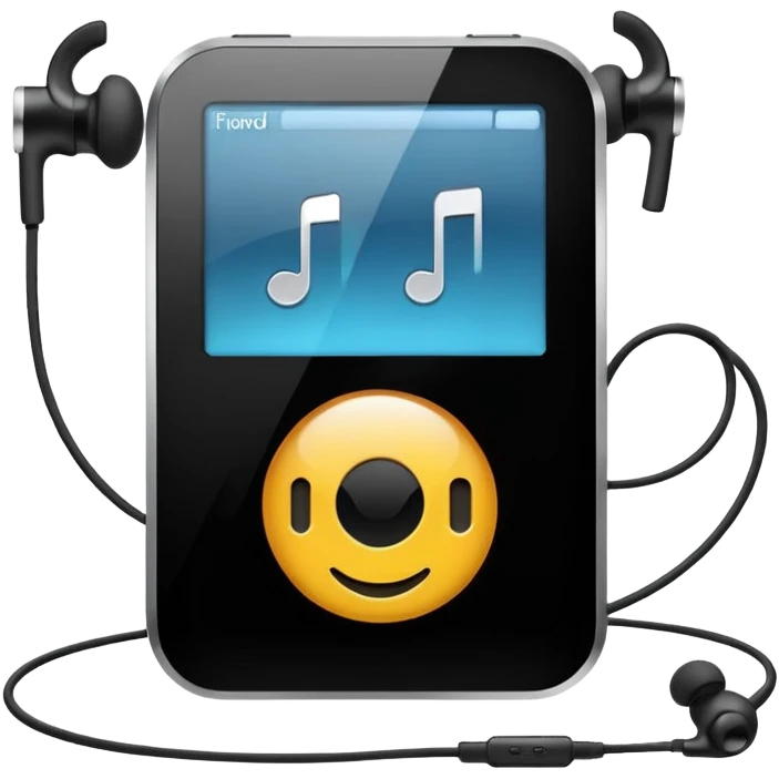 Futuristic iPod emoji with earphones, metallic black and white, smooth reflective surfaces, flat minimal vector design, clean UI style emoji