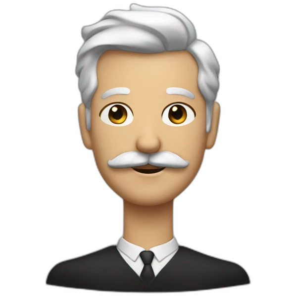 Un homme blanc avec un costume noir et une moustache noire et des cheveux noir plaqué emoji