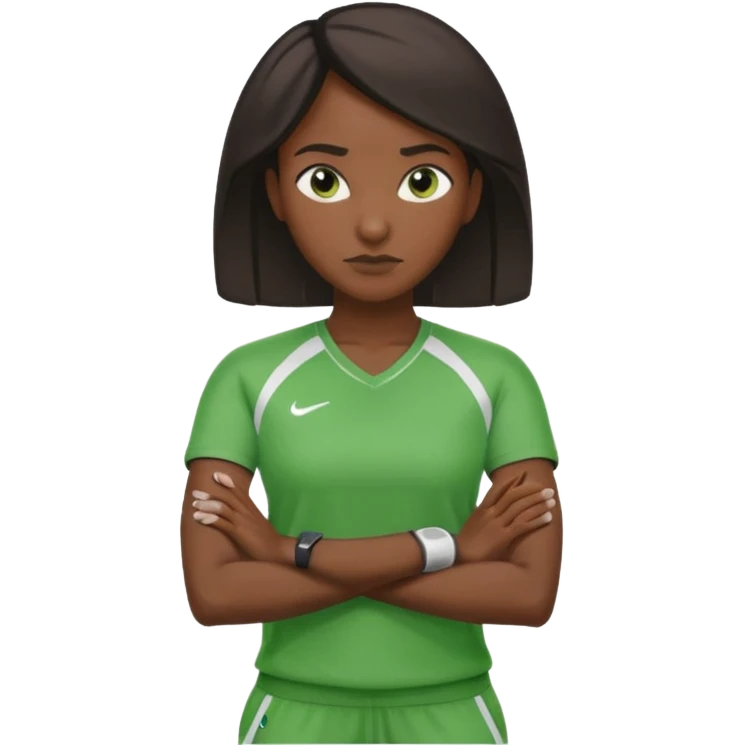 A calm black female coach with folded arms, analyzing the game with sharp focus, green clothes emoji