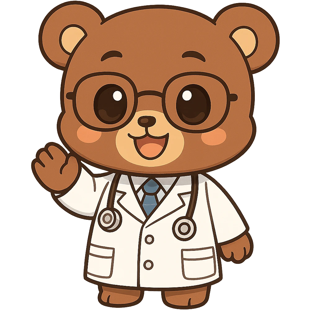 Transform the anime style bear as a doctor into chibi style with exaggeratedly cute proportions, keeping no background. Maintain the anime aesthetic while emphasizing cuteness and chibi proportions. emoji