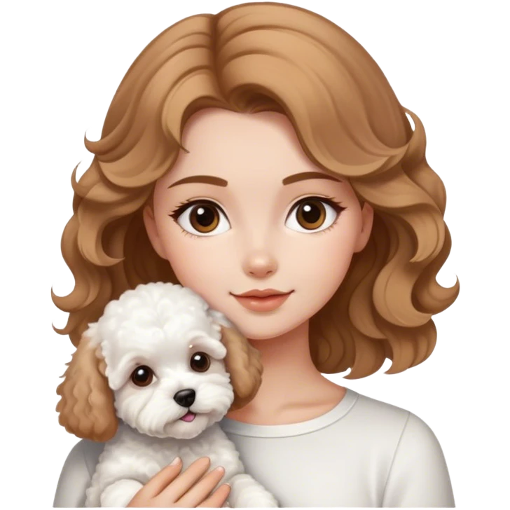 una chica con el cabello marrón claro ondulado y blanca con un perrito bichon maltes emoji