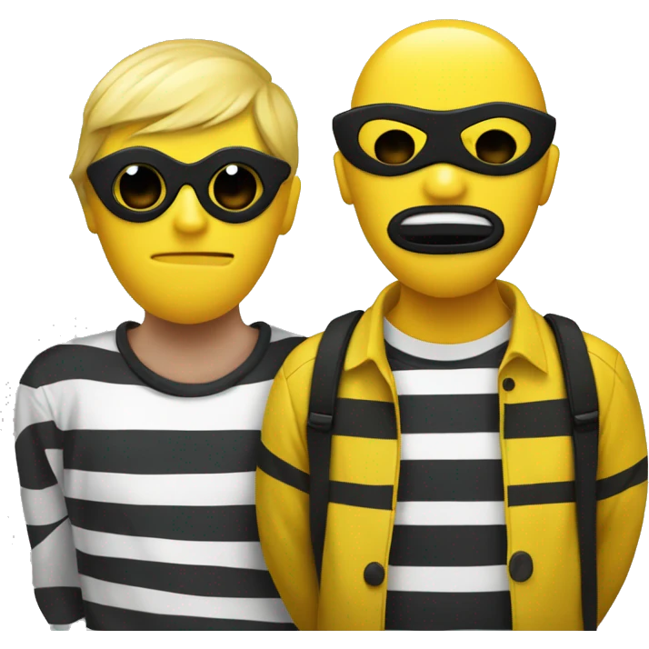 Yellow guy with a binne on and a black and white striped shirt and a blck mask emoji