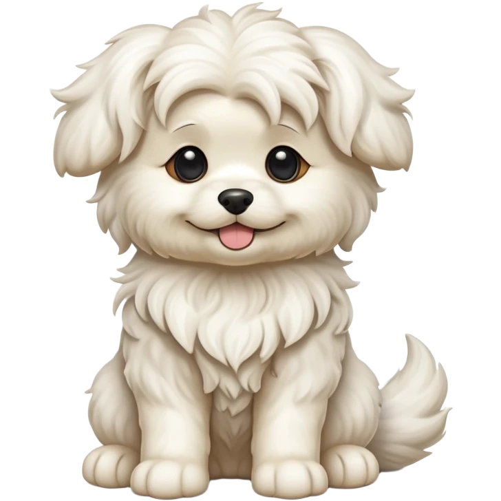 detailed-[wavy haired maltese-dog]-realistic-full-body-sitting-emoji,-tail-resting-loosely-beside-its-paws,-head-tilted-dramatically,--wavy-[cream-white]-fur,-simplified-yet-realistic-focused-features,-highly-detailed,-glowing-with-an-almost-sarcastic emoji