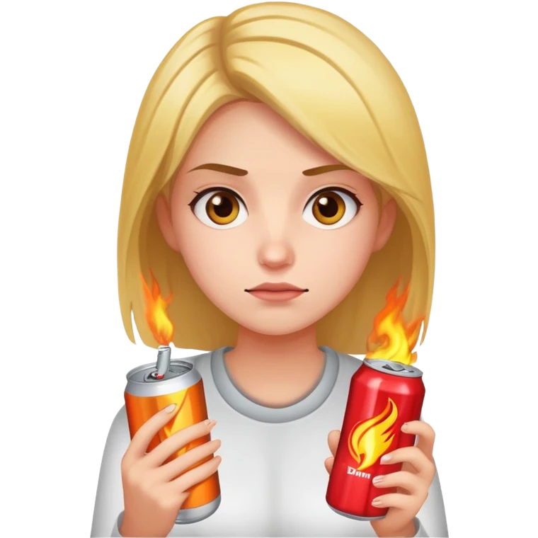 female student holding Burn energy drink can, tired face emoji