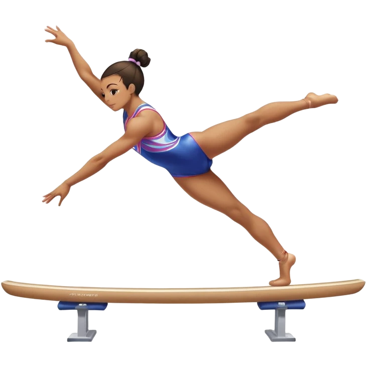 An acrobat performing a dynamic move on the balance beam, rings, or parallel bars, showcasing strength and precision. The acrobat is in mid-action, gracefully balanced, with a focused expression. The background features a professional gymnastics gym with bright lights and a cheering crowd emoji