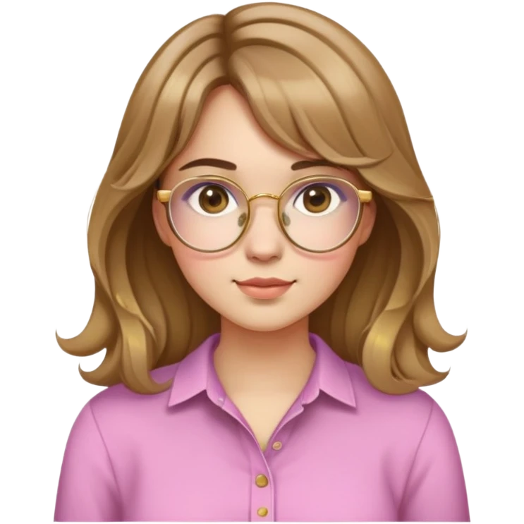 young adult woman with light skin, round face, prominent cheeks, medium plump body, long light brown hair with golden highlights, voluminous and wavy, long bangs over eyebrows, large octagonal glasses with thin golden or light pink frame, casual dark shirt emoji