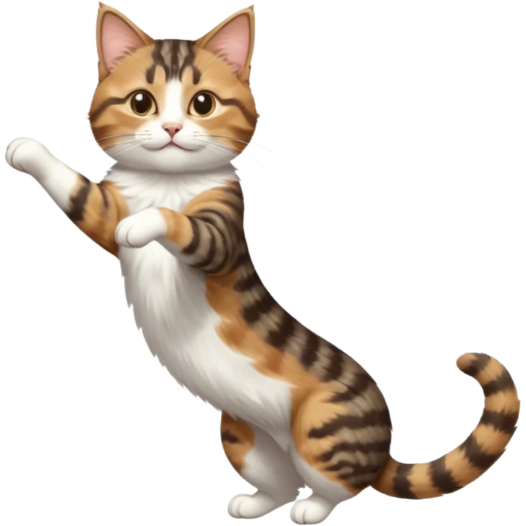 brown tabby and white cat with doing a big extremely long stretch reaching up into the air with arms and legs side by side together straight and overextended whilst lying on its side emoji